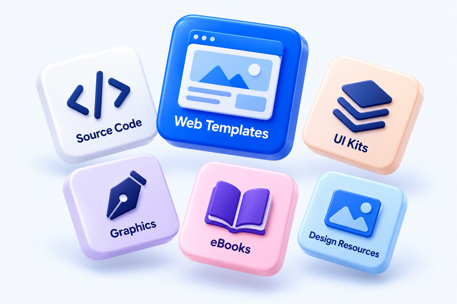 Floating tiles for source code, web templates, UI kits, graphics, eBooks and design resources